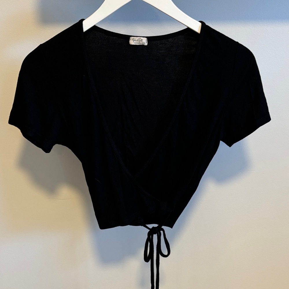 John Galt black cropped wrap top.